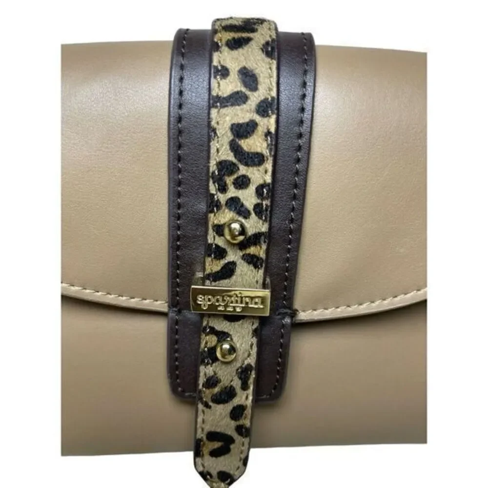 Spartina 449 Taupe Leather Hipster Crossbody Bag With Leopard Calf Hair Buckle‎